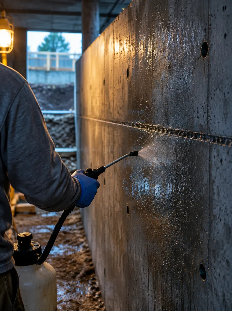 Operário aplicando impermeabilizante líquido em parede de concreto