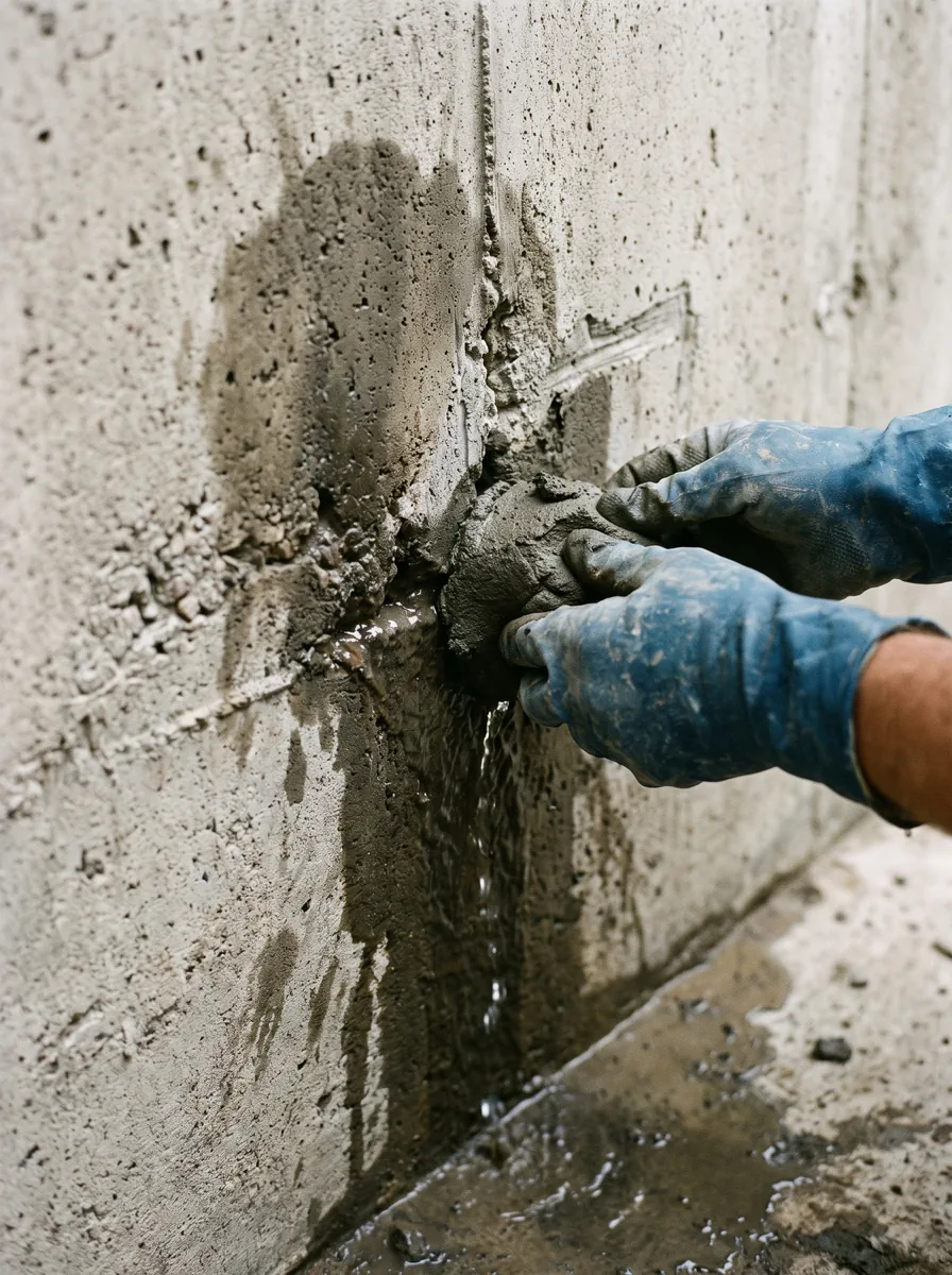Reparo de vazamento ativo em concreto com argamassa de pega rápida Waterplug